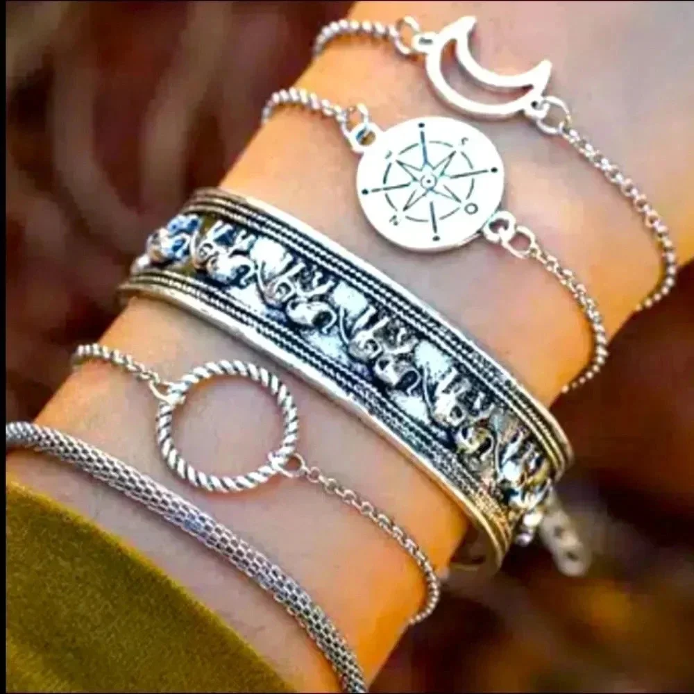 5 bohemian style‎ bracelets silver tone antique finish crescent moon elephant